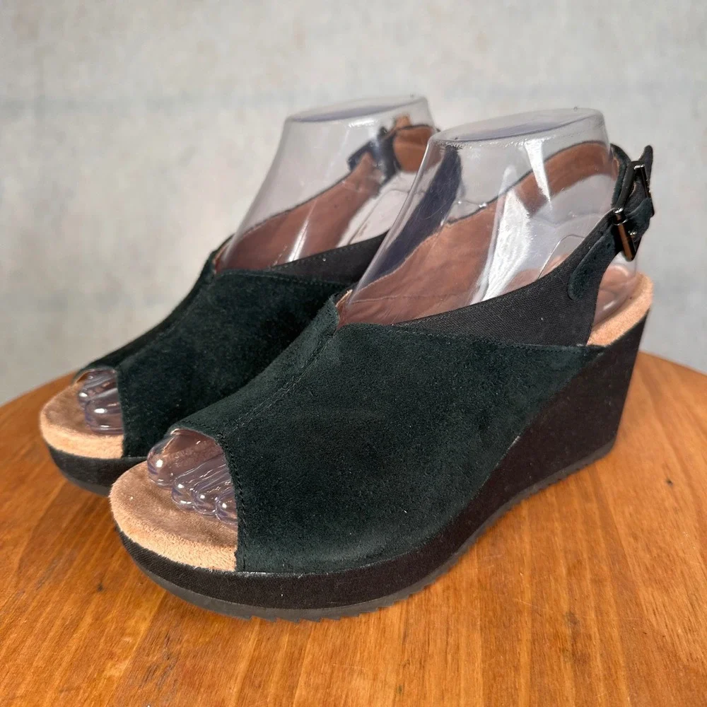 Vionic Trixie Wedge Sandals Womens 6.5 Black Good Suede Peep Toe 10010569